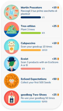 goodbag app screen with the achievements